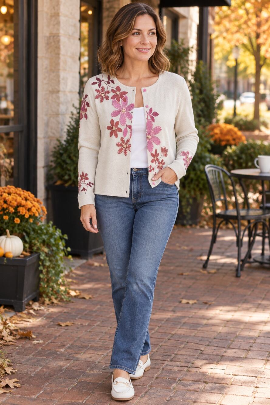 Vintage Y2K Cream Pink Floral Cardigan Small Cottagecore Embroidered
